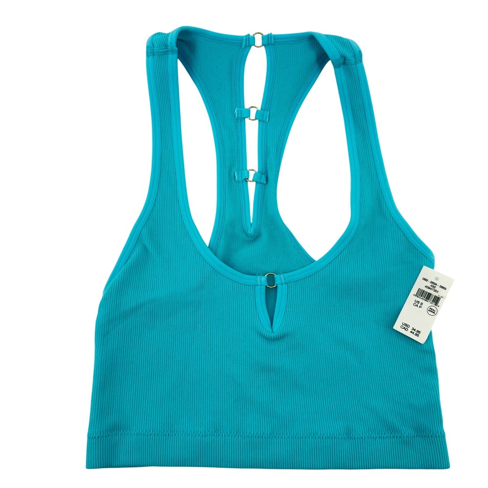 NWT Aerie Real Good Teal Ribbed Racerback Longline Bra Gold Ring‎ Detail Size S